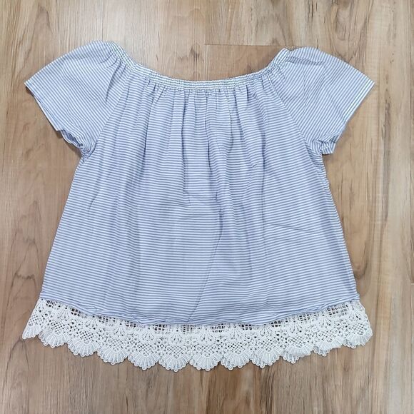 🔹️Montan Paris Blue & White Striped Cropped Off Shoulder Top Small - Picture 2 of 6